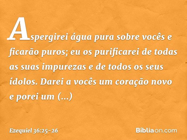 Aspergirei água pura sobre vocês e ficarão puros; eu os purificarei de todas as suas impurezas e de todos os seus ídolos. Darei a vocês um coração novo e porei 