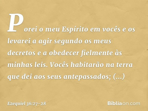 Porei o meu Espírito em vocês e os levarei a agir segundo os meus decretos e a obedecer fielmente às minhas leis. Vocês habitarão na terra que dei aos seus ante