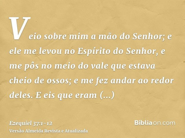 Veio sobre mim a mão do Senhor; e ele me levou no Espírito do Senhor, e me pôs no meio do vale que estava cheio de ossos;e me fez andar ao redor deles. E eis qu