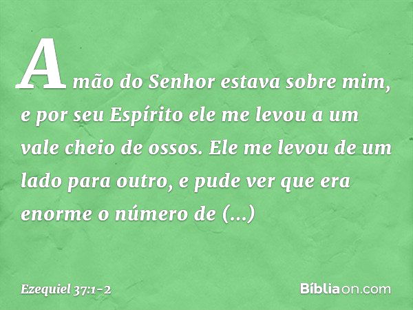 A mão do Senhor estava sobre mim, e por seu Espírito ele me levou a um vale cheio de ossos. Ele me levou de um lado para outro, e pude ver que era enorme o núme