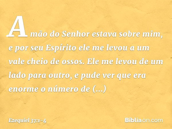 A mão do Senhor estava sobre mim, e por seu Espírito ele me levou a um vale cheio de ossos. Ele me levou de um lado para outro, e pude ver que era enorme o núme