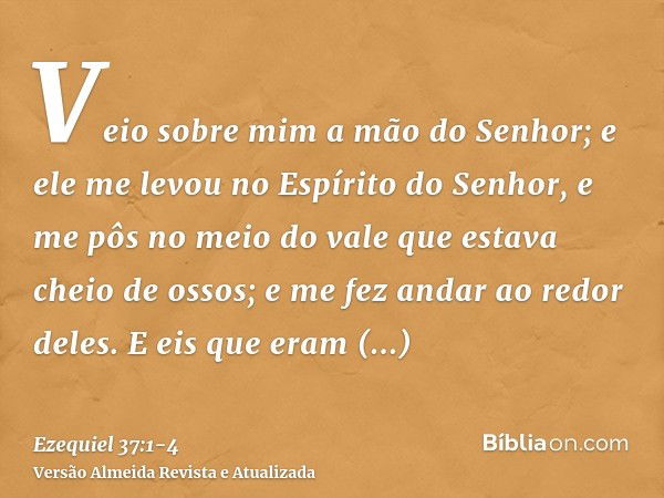 Veio sobre mim a mão do Senhor; e ele me levou no Espírito do Senhor, e me pôs no meio do vale que estava cheio de ossos;e me fez andar ao redor deles. E eis qu