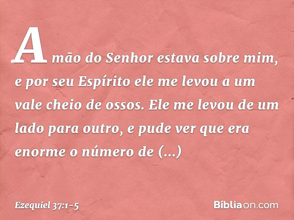 A mão do Senhor estava sobre mim, e por seu Espírito ele me levou a um vale cheio de ossos. Ele me levou de um lado para outro, e pude ver que era enorme o núme