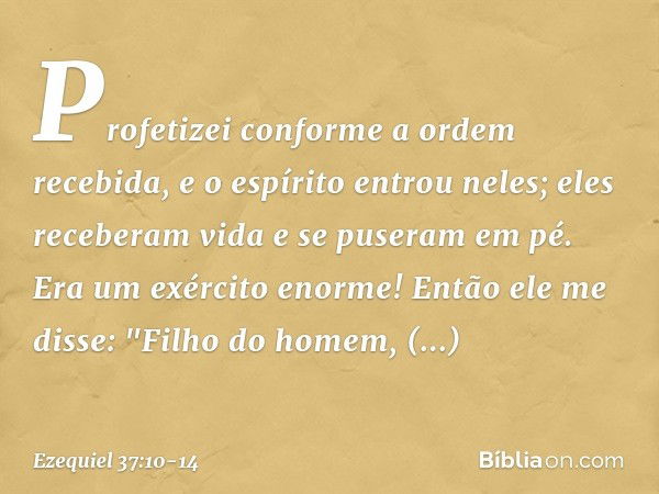 Profetizei conforme a ordem recebida, e o espírito entrou neles; eles receberam vida e se puseram em pé. Era um exército enorme! Então ele me disse: "Filho do h