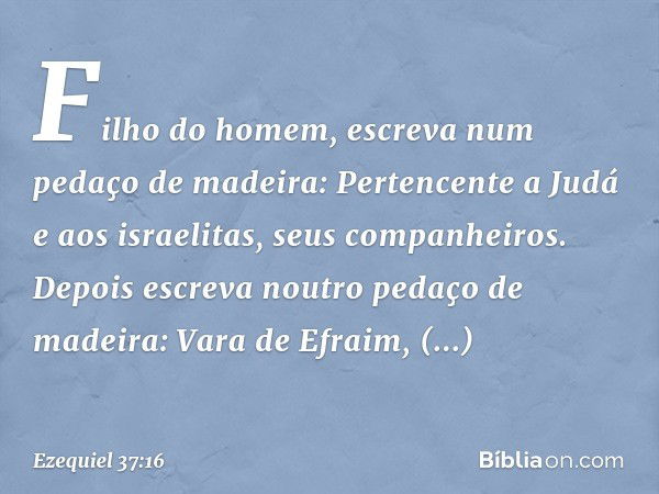 "Fi­lho do homem, escreva num pedaço de madeira: Pertencente a Judá e aos israelitas, seus companheiros. Depois escreva noutro pedaço de madeira: Vara de Efraim