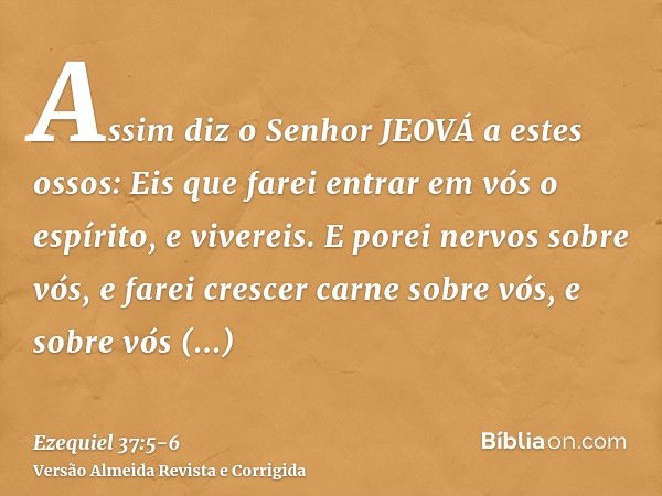 Assim diz o Senhor JEOVÁ a estes ossos: Eis que farei entrar em vós o espírito, e vivereis.E porei nervos sobre vós, e farei crescer carne sobre vós, e sobre vó