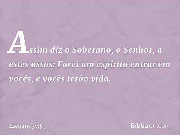 Assim diz o Soberano, o Senhor, a estes ossos: Farei um espírito entrar em vocês, e vocês terão vida. -- Ezequiel 37:5