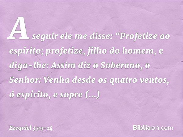 A seguir ele me disse: "Profetize ao espírito; profetize, filho do homem, e diga-lhe: Assim diz o Soberano, o Senhor: Venha desde os quatro ventos, ó espírito, 