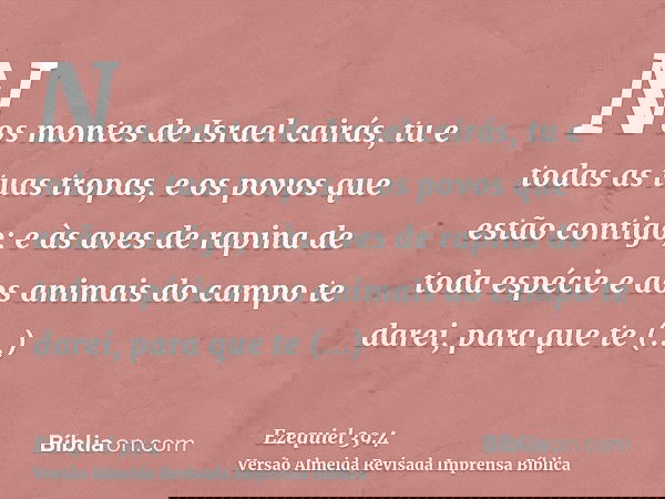 Nos montes de Israel cairás, tu e todas as tuas tropas, e os povos que estão contigo; e às aves de rapina de toda espécie e aos animais do campo te darei, para