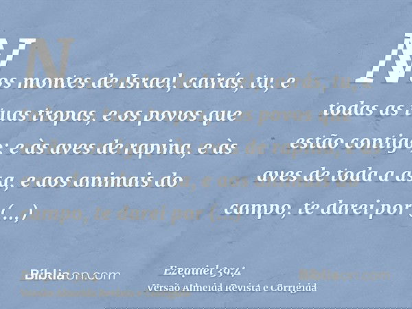 Nos montes de Israel, cairás, tu, e todas as tuas tropas, e os povos que estão contigo; e às aves de rapina, e às aves de toda a asa, e aos animais do campo, te