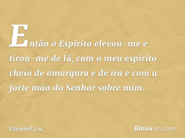 Então o Espírito elevou-me e tirou-me de lá, com o meu espírito cheio de amar­gura e de ira e com a forte mão do Senhor sobre mim. -- Ezequiel 3:14