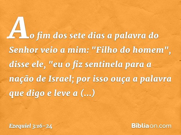 Ao fim dos sete dias a palavra do Senhor veio a mim: "Filho do homem", disse ele, "eu o fiz sentinela para a nação de Israel; por isso ouça a palavra que digo e