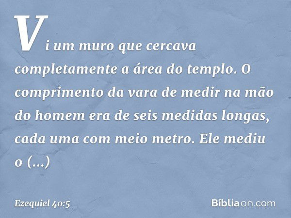 Vi um muro que cercava completamente a área do templo. O comprimento da vara de medir na mão do homem era de seis medidas longas, cada uma com meio metro. Ele m