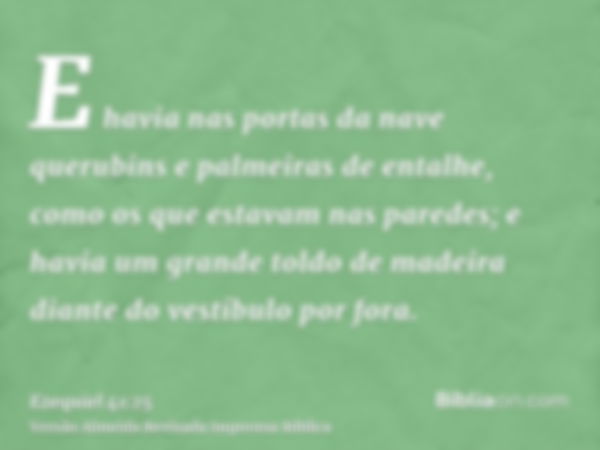 E havia nas portas da nave querubins e palmeiras de entalhe, como os que estavam nas paredes; e havia um grande toldo de madeira diante do vestíbulo por fora.