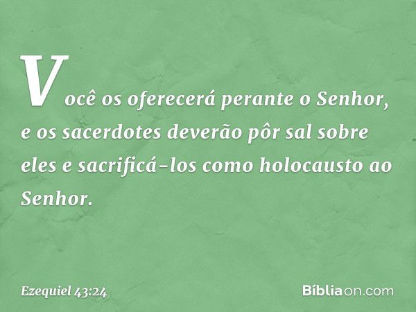 Você os oferecerá perante o Senhor, e os sacerdotes deverão pôr sal sobre eles e sacrificá-los como holocausto ao Senhor. -- Ezequiel 43:24