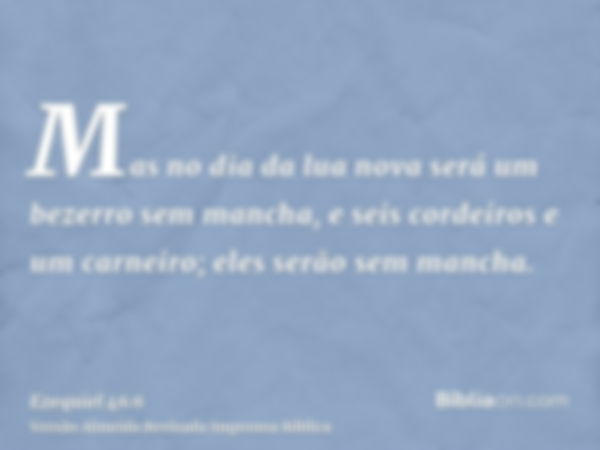 Mas no dia da lua nova será um bezerro sem mancha, e seis cordeiros e um carneiro; eles serão sem mancha.