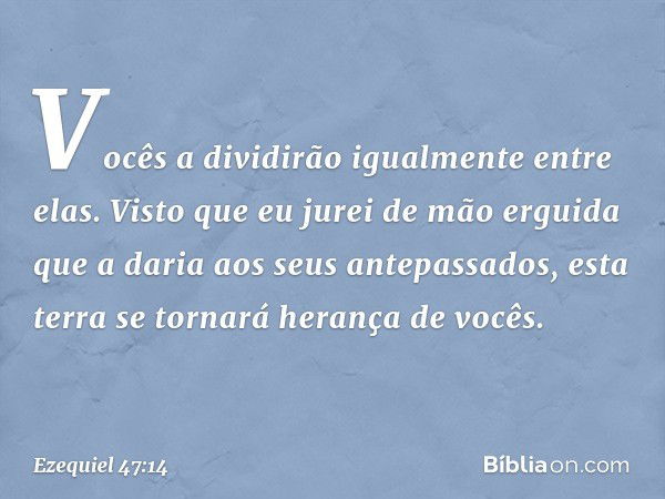 Vocês a dividirão igualmente entre elas. Visto que eu jurei de mão erguida que a daria aos seus antepassados, esta terra se tornará herança de vocês. -- Ezequie