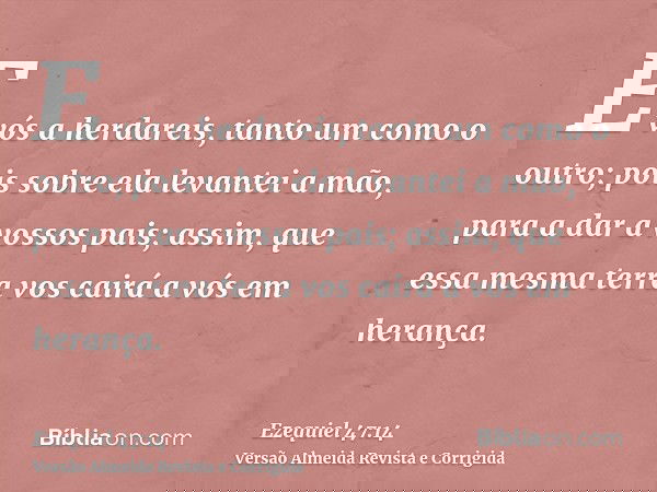 E vós a herdareis, tanto um como o outro; pois sobre ela levantei a mão, para a dar a vossos pais; assim, que essa mesma terra vos cairá a vós em herança.