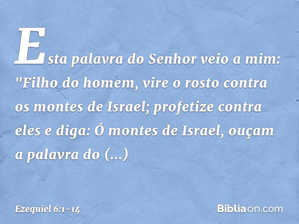 Esta palavra do Senhor veio a mim: "Fi­lho do homem, vire o rosto contra os montes de Israel; profetize contra eles e diga: Ó montes de Israel, ouçam a palavra 