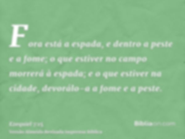 Fora está a espada, e dentro a peste e a fome; o que estiver no campo morrerá à espada; e o que estiver na cidade, devorálo-a a fome e a peste.