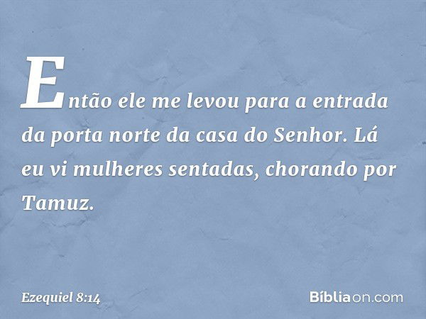 Então ele me levou para a entrada da porta norte da casa do Senhor. Lá eu vi mulheres sentadas, chorando por Tamuz. -- Ezequiel 8:14