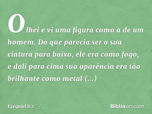 Olhei e vi uma figura como a de um homem. Do que parecia ser a sua cintura para baixo, ele era como fogo, e dali para cima sua aparência era tão brilhante como 