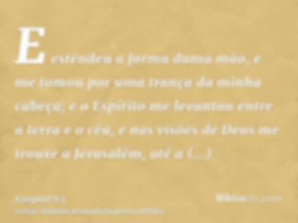 E estendeu a forma duma mão, e me tomou por uma trança da minha cabeça; e o Espírito me levantou entre a terra e o céu, e nas visões de Deus me trouxe a Jerusal