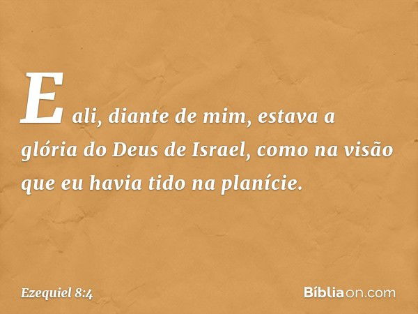 E ali, diante de mim, estava a glória do Deus de Israel, como na visão que eu havia tido na planície. -- Ezequiel 8:4