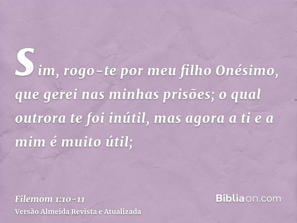 sim, rogo-te por meu filho Onésimo, que gerei nas minhas prisões;o qual outrora te foi inútil, mas agora a ti e a mim é muito útil;