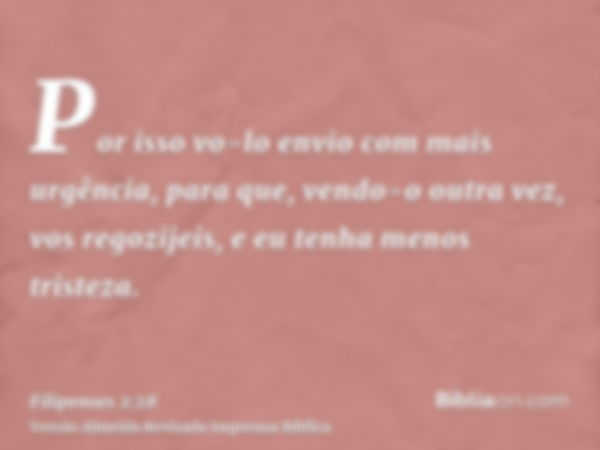 Por isso vo-lo envio com mais urgência, para que, vendo-o outra vez, vos regozijeis, e eu tenha menos tristeza.