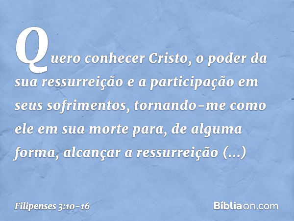 Quero conhecer Cristo, o poder da sua ressurreição e a participação em seus sofrimentos, tornando-me como ele em sua morte para, de alguma forma, alcançar a res