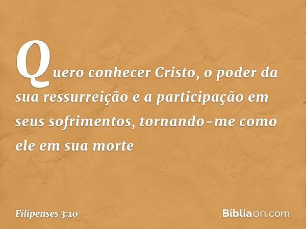 Quero conhecer Cristo, o poder da sua ressurreição e a participação em seus sofrimentos, tornando-me como ele em sua morte -- Filipenses 3:10