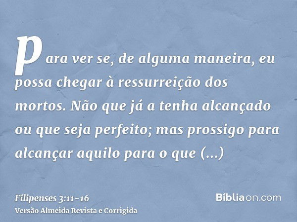 para ver se, de alguma maneira, eu possa chegar à ressurreição dos mortos.Não que já a tenha alcançado ou que seja perfeito; mas prossigo para alcançar aquilo p