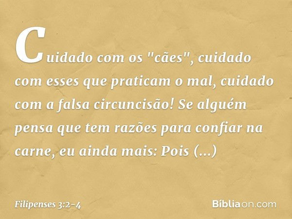 Cuidado com os "cães", cuidado com esses que praticam o mal, cuidado com a falsa circuncisão!
Se alguém pensa que tem razões para confiar na carne, eu ainda mai