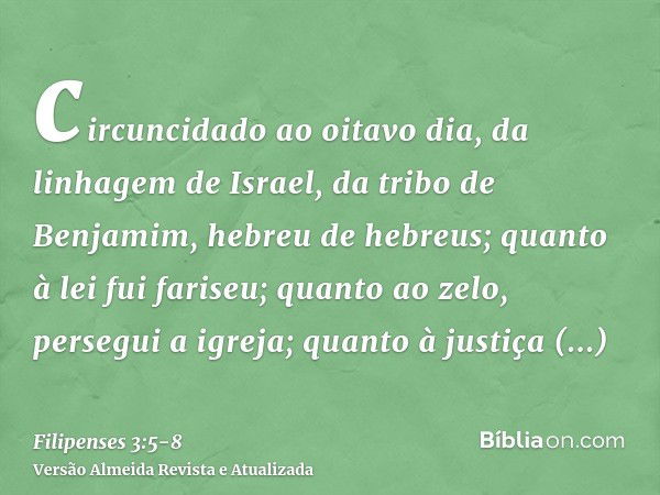 circuncidado ao oitavo dia, da linhagem de Israel, da tribo de Benjamim, hebreu de hebreus; quanto à lei fui fariseu;quanto ao zelo, persegui a igreja; quanto à