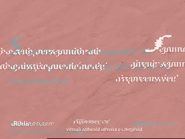 segundo o zelo, perseguidor da igreja; segundo a justiça que há na lei, irrepreensível.