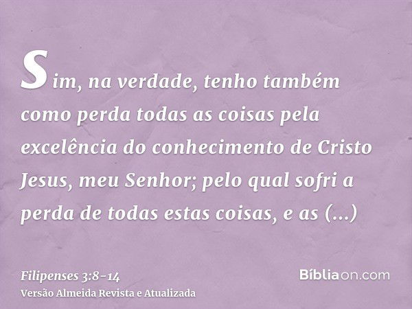 sim, na verdade, tenho também como perda todas as coisas pela excelência do conhecimento de Cristo Jesus, meu Senhor; pelo qual sofri a perda de todas estas coi