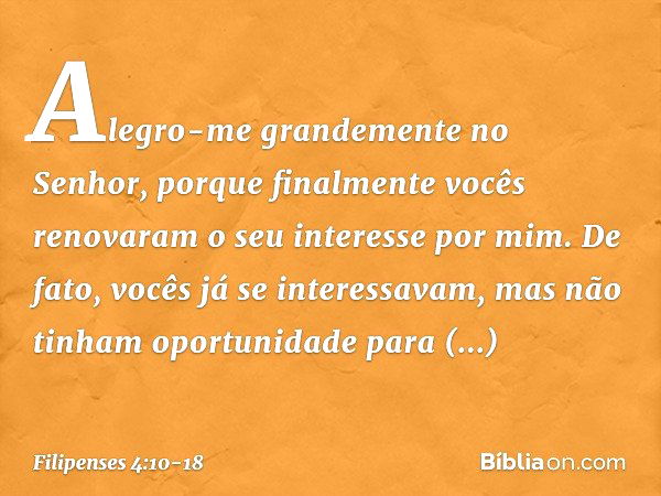 Alegro-me grandemente no Senhor, porque finalmente vocês renovaram o seu interesse por mim. De fato, vocês já se interessavam, mas não tinham oportunidade para 