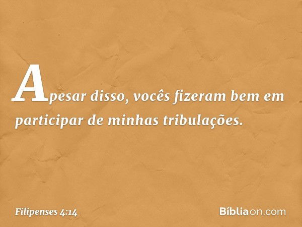 Apesar disso, vocês fizeram bem em participar de minhas tribulações. -- Filipenses 4:14