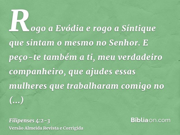 Rogo a Evódia e rogo a Síntique que sintam o mesmo no Senhor.E peço-te também a ti, meu verdadeiro companheiro, que ajudes essas mulheres que trabalharam comigo