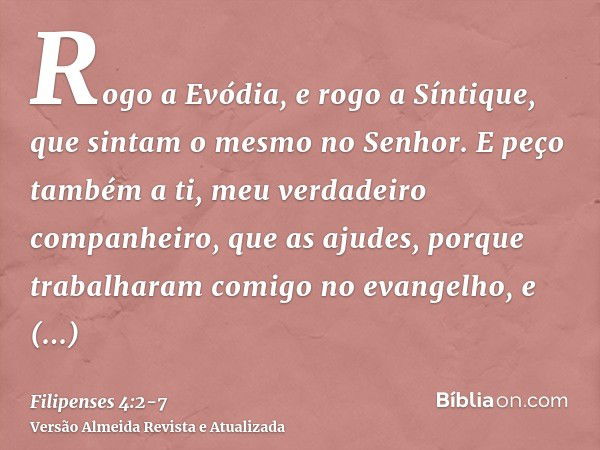 Rogo a Evódia, e rogo a Síntique, que sintam o mesmo no Senhor.E peço também a ti, meu verdadeiro companheiro, que as ajudes, porque trabalharam comigo no evang