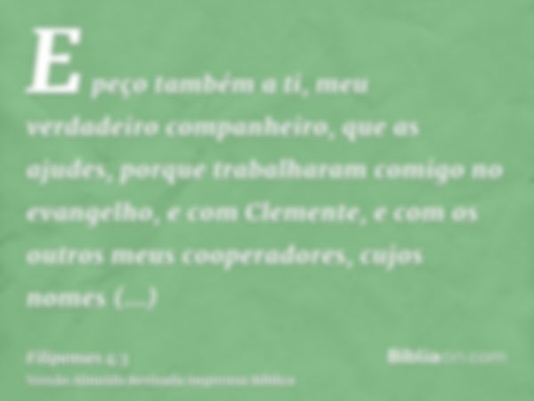 E peço também a ti, meu verdadeiro companheiro, que as ajudes, porque trabalharam comigo no evangelho, e com Clemente, e com os outros meus cooperadores, cujos 