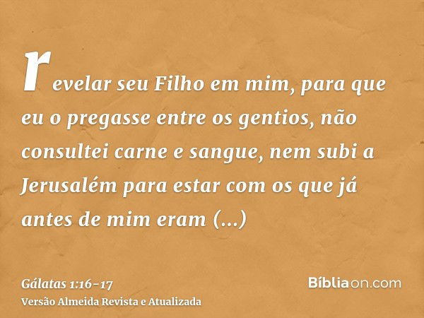 revelar seu Filho em mim, para que eu o pregasse entre os gentios, não consultei carne e sangue,nem subi a Jerusalém para estar com os que já antes de mim eram 