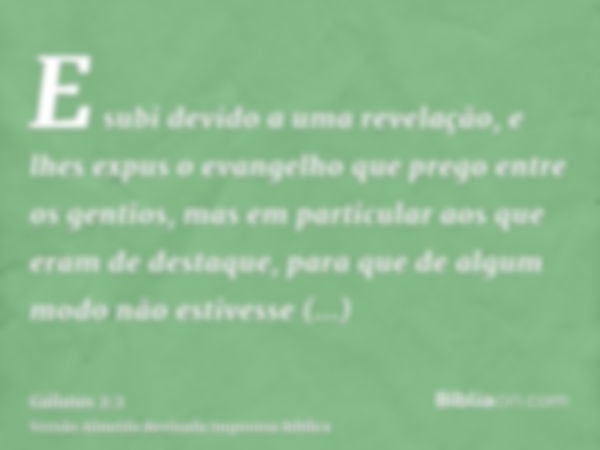 E subi devido a uma revelação, e lhes expus o evangelho que prego entre os gentios, mas em particular aos que eram de destaque, para que de algum modo não estiv