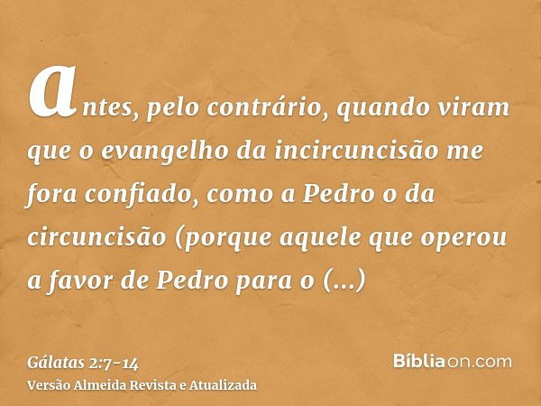 antes, pelo contrário, quando viram que o evangelho da incircuncisão me fora confiado, como a Pedro o da circuncisão(porque aquele que operou a favor de Pedro p