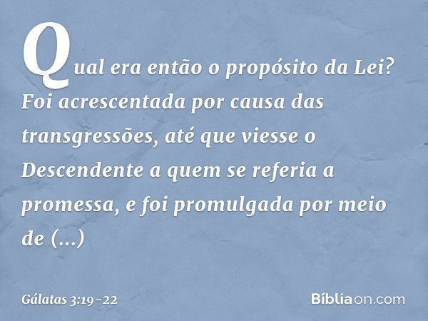 Qual era então o propósito da Lei? Foi acrescentada por causa das transgressões, até que viesse o Descendente a quem se referia a promessa, e foi promulgada por