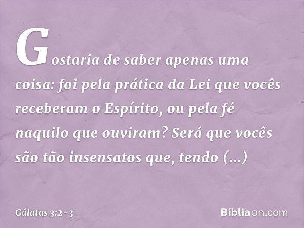 Gostaria de saber apenas uma coisa: foi pela prática da Lei que vocês receberam o Espírito, ou pela fé naquilo que ouviram? Será que vocês são tão insensatos qu