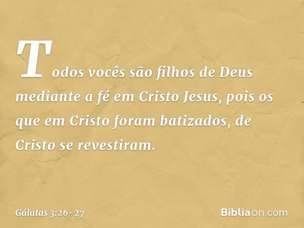 Todos vocês são filhos de Deus mediante a fé em Cristo Jesus, pois os que em Cristo foram batizados, de Cristo se revestiram. -- Gálatas 3:26-27