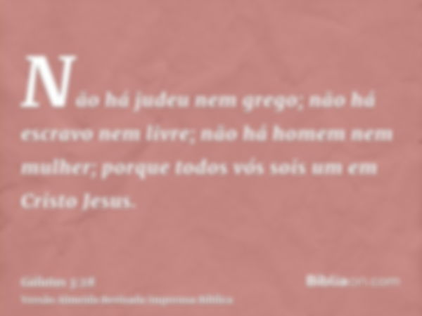 Não há judeu nem grego; não há escravo nem livre; não há homem nem mulher; porque todos vós sois um em Cristo Jesus.