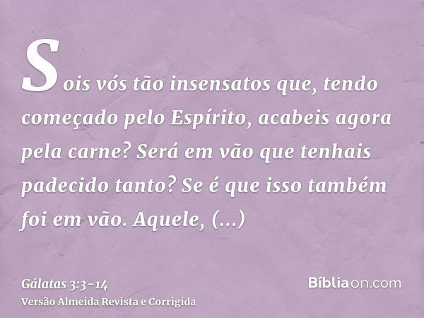 Sois vós tão insensatos que, tendo começado pelo Espírito, acabeis agora pela carne?Será em vão que tenhais padecido tanto? Se é que isso também foi em vão.Aque